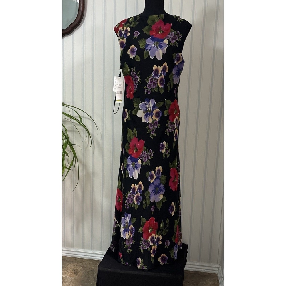 David Warren NY Black Floral Dress Sleeveless Long Multi Color Slip Lining 14 - Picture 2 of 8